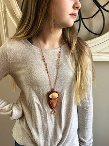 Orange Calcite, Sunstone and Copper Bead Embroidered Necklace, Gift for Mom, One of a Kind