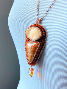 Orange Calcite, Sunstone and Copper Bead Embroidered Necklace, Gift for Mom, One of a Kind