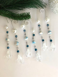 Seashell Glass Ornament Set, Beaded Tree Ornament set, Holiday Ornament set