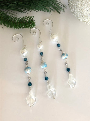 Seashell Glass Ornament Set, Beaded Tree Ornament set, Holiday Ornament set