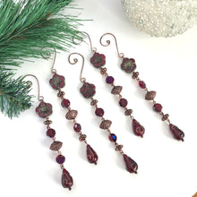 Load image into Gallery viewer, Burgandy Glass Ornament Set, Beaded Icicle Ornament Set, Christmas Decor, Hostess Gift