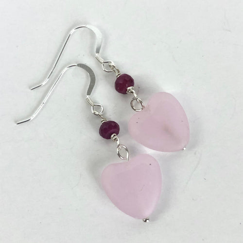 Sterling Silver Rose Quartz & Ruby Heart Earrings, Gemstone Earrings, Valentine Gift for Her, Galentine gift