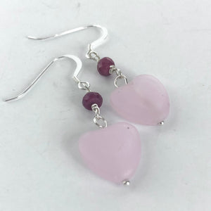 Sterling Silver Rose Quartz & Ruby Heart Earrings, Gemstone Earrings, Valentine Gift for Her, Galentine gift