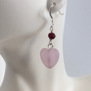 Sterling Silver Rose Quartz & Ruby Heart Earrings, Gemstone Earrings, Valentine Gift for Her, Galentine gift