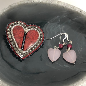 Sterling Silver Rose Quartz & Ruby Heart Earrings, Gemstone Earrings, Valentine Gift for Her, Galentine gift